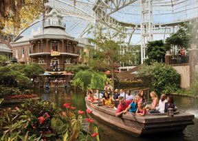 A river runs through the Delta Zone at Opryland where 10-story high atrium assures pleasant weather year round. 