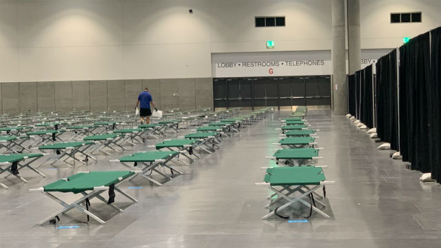 Cots being set up in the San Diego Convention Center on Wednesday. Courtesy of the center